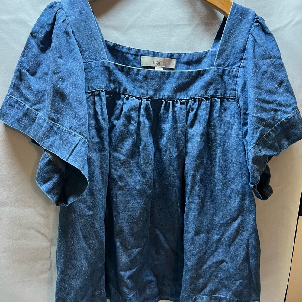 LOFT Blue Denim Blouse Lyocell‎ Linen Blend Soft Medium